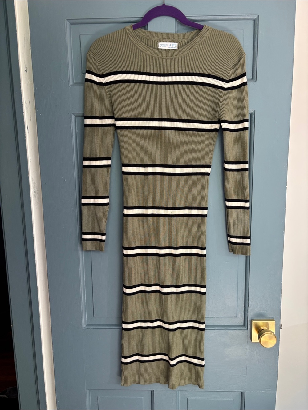 Primark Olive Ribbed Long-Sleeve Striped Knit Dress